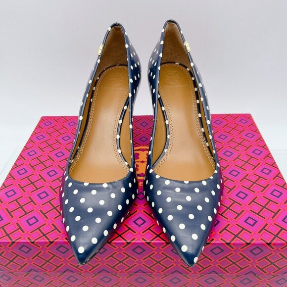 Tory Burch Penelope 65MM Polka A Dot Pointed Toe Heel Pump Blue Leather US 6 - Picture 4 of 9
